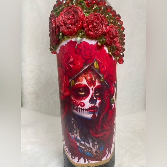 Hand Painted-Decoupaged Sugar Skull-Dia De Los Muertos-Day of the Dead Bottle - Picture 9 of 14